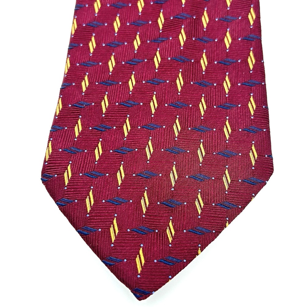 Saks Fifth Avenue Excl 100% Silk Made Italy Mens Necktie Maroon Geometric 4W 58L